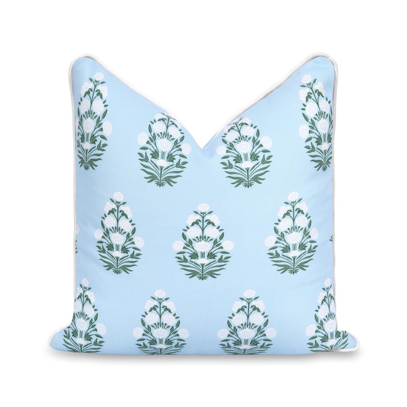Hofdeco Premium Coastal Patio Indoor Outdoor Throw Pillow Cover Only 18x18 Water Repellent for Backyard Couch Baby Blue White Green Floral with Piping - Image 2