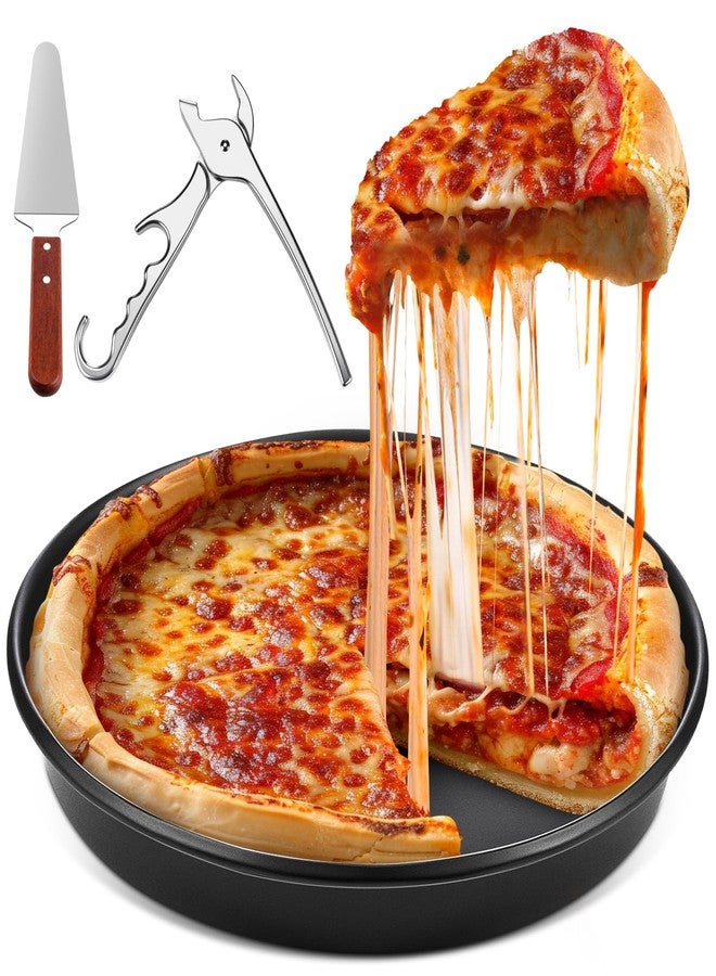 طقم صواني خبز بيتزا دائري عميق من ريلنايف، 3 قطع، مقاس 12 بوصة، يتضمن قالب كيك غير لاصق، مجرفة مربعة، مشبك تثبيت، صينية خبز بيتزا للفرن - Image 1