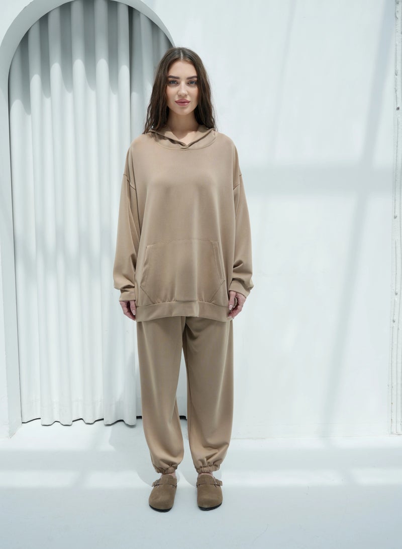 Andy 6616 | Women's Cotton Oversized Two-Piece Hoodie Set Relaxed Fit Hoodie with Front Pocket and Jogger Pants | Beige  - Image 1