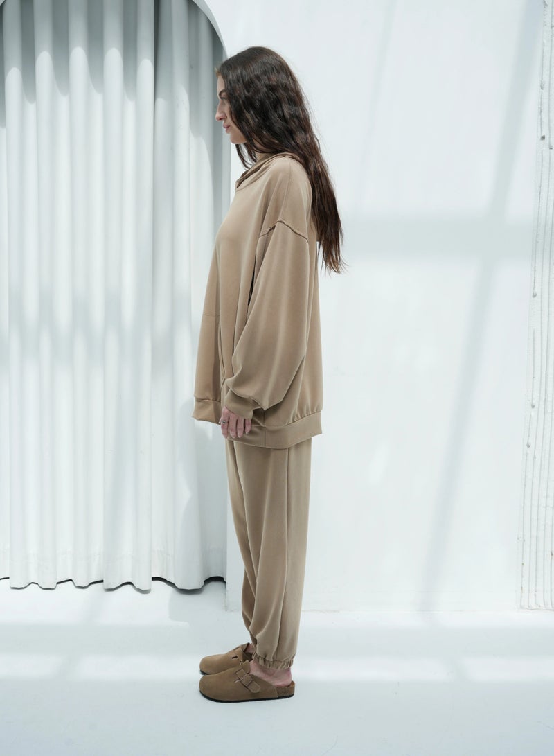 Andy 6616 | Women's Cotton Oversized Two-Piece Hoodie Set Relaxed Fit Hoodie with Front Pocket and Jogger Pants | Beige  - Image 2