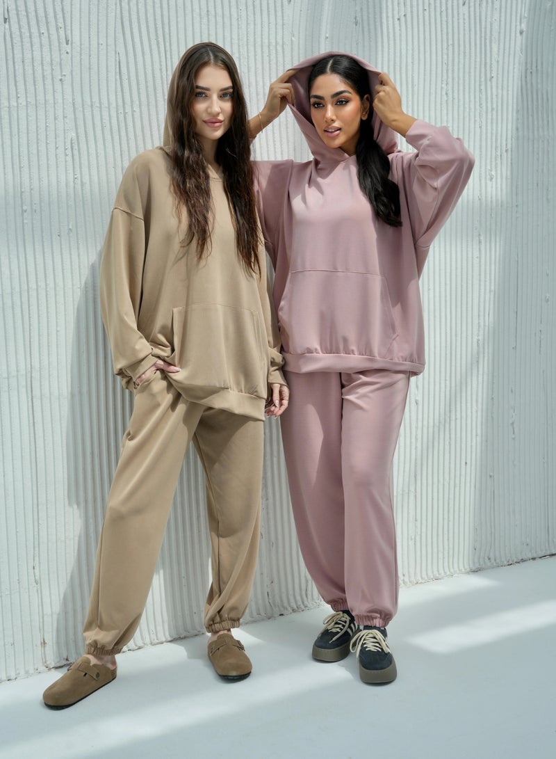 Andy 6616 | Women's Cotton Oversized Two-Piece Hoodie Set Relaxed Fit Hoodie with Front Pocket and Jogger Pants | Beige  - Image 3