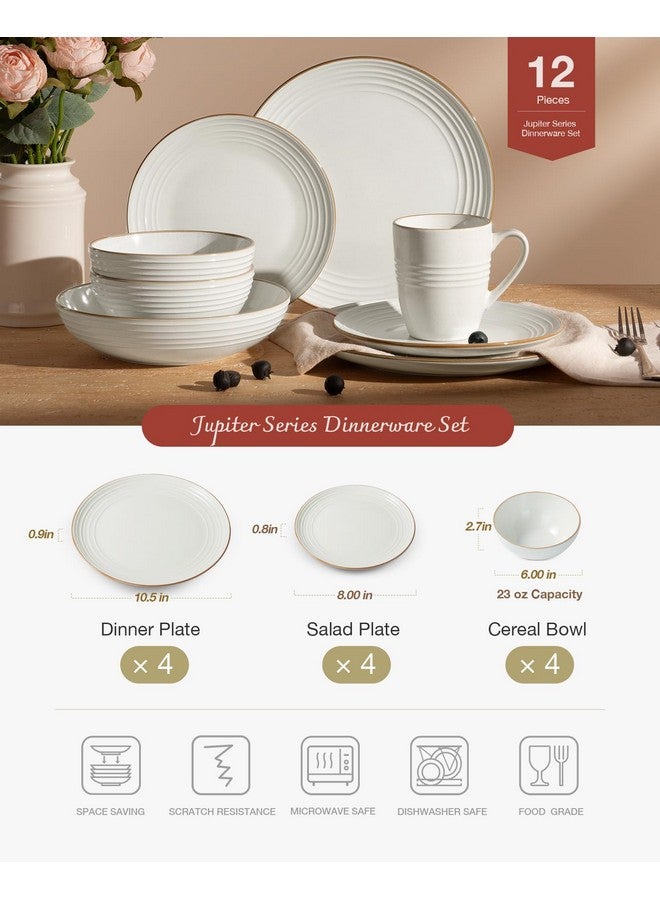 Famiware Jupiter Dinnerware Set, Plates and Bowls Dish Sets for 4 (12 Pieces), Microwave and Dishwasher Safe Stoneware Tableware, Chip and Scratch Resistant, White - Image 2
