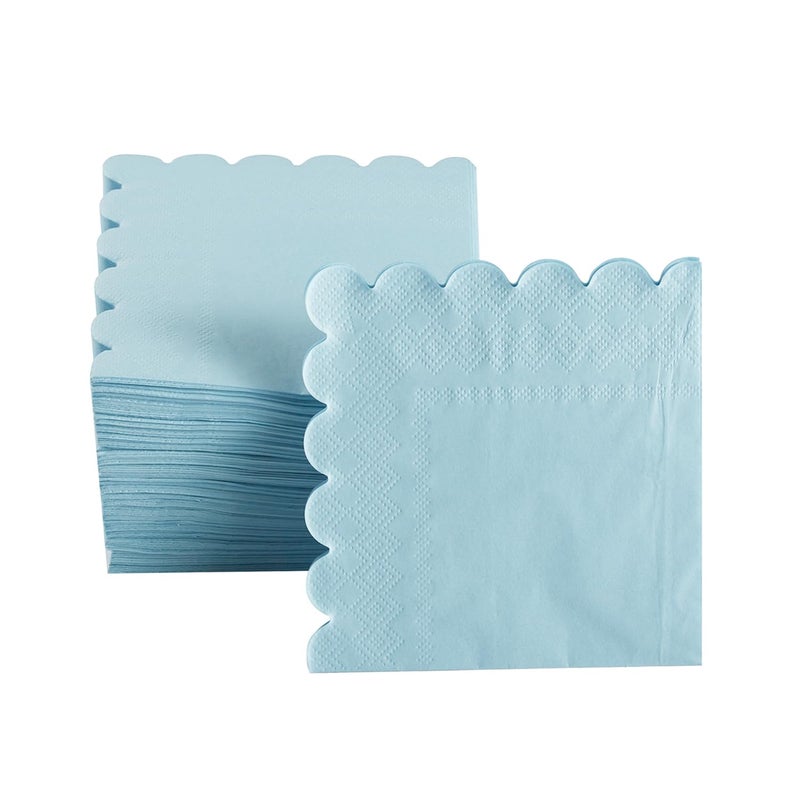 BEFORYOU 200 Pack Cocktail Napkin 2-Ply Scalloped Edged Dessert Napkins Folded 5 x 5 Inches Disposable Napkins for Dinner Wedding Birthday Party Bridal Anniversary Reception Event (Light Blue) - Image 4