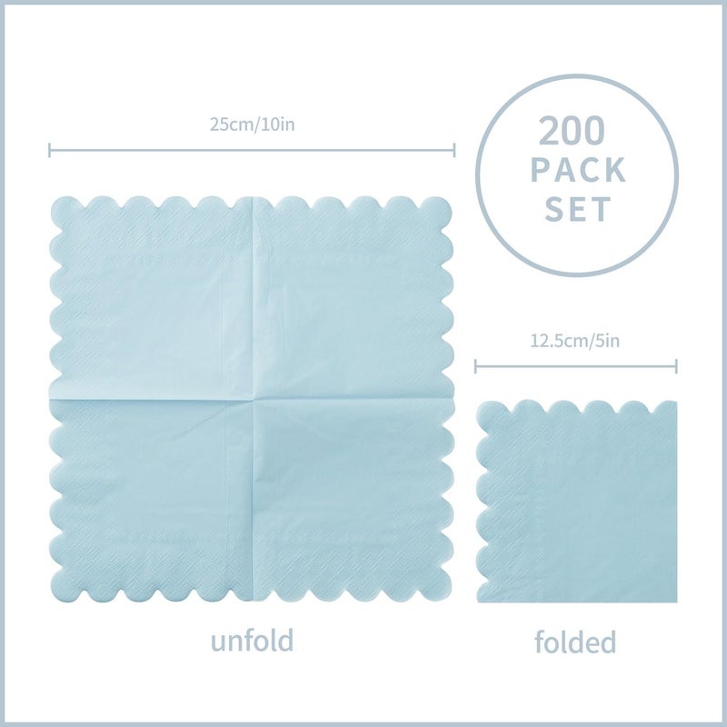 BEFORYOU 200 Pack Cocktail Napkin 2-Ply Scalloped Edged Dessert Napkins Folded 5 x 5 Inches Disposable Napkins for Dinner Wedding Birthday Party Bridal Anniversary Reception Event (Light Blue) - Image 2