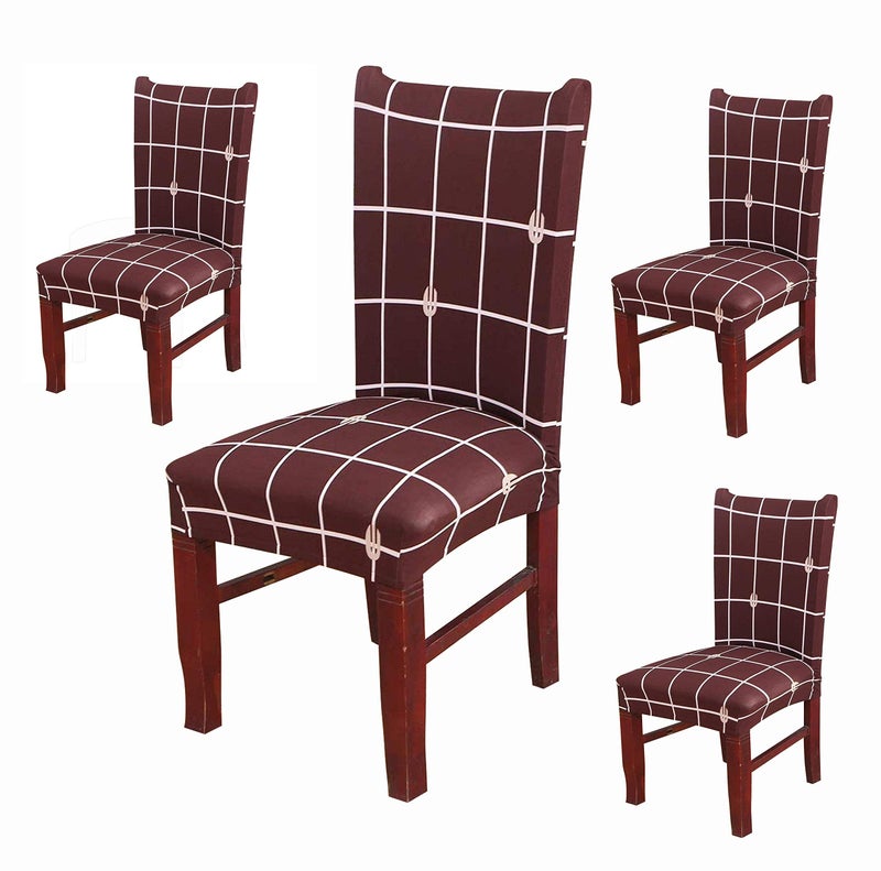 House of Quirk Polyester Spandex Printed Chair Cover Stretch Removable Washable Short Dining Chair Cover Protector Seat Slipcover (Brown Check, Pack of 4) - Image 1