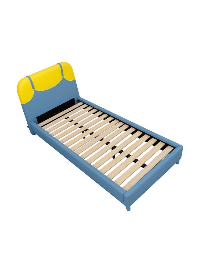 DANUBE HOME Bello Upholstered Kids Bed 90×200 Cm – Single Bed With Faux Leather Finish, Contemporary Kids Bedroom Furniture & Comfort - Blue & Yellow - Image 5