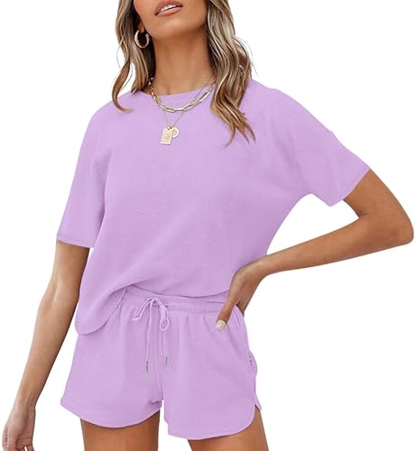 MEROKEETY Womens Short Sleeve Waffle Pajama Sets Lounge Top and Shorts 2 Piece Tracksuit Outfits Purple S