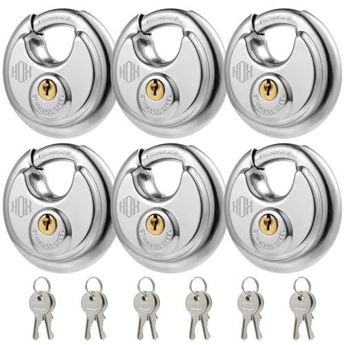 HOX Keyed Disc Padlock Stainless Steel KeyedAlike Padlocks 6Pack Heavy Duty Locks Waterproof Outdoors Lock with 38 Inch Shackle 234 Inch Wide Body for Hasp Latch Fences Storage Locker - Image 1