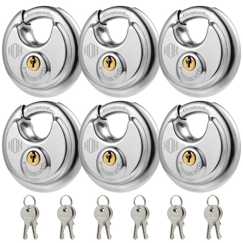 HOX Keyed Disc Padlock Stainless Steel KeyedAlike Padlocks 6Pack Heavy Duty Locks Waterproof Outdoors Lock with 38 Inch Shackle 234 Inch Wide Body for Hasp Latch Fences Storage Locker - Image 2