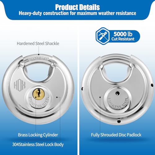 HOX Keyed Disc Padlock Stainless Steel KeyedAlike Padlocks 6Pack Heavy Duty Locks Waterproof Outdoors Lock with 38 Inch Shackle 234 Inch Wide Body for Hasp Latch Fences Storage Locker - Image 3