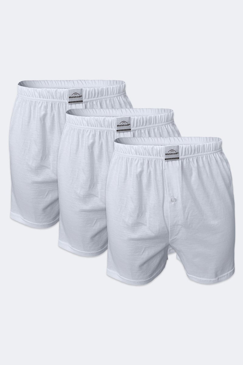 Malabadi Men's White 3 Piece Wide Pattern 100% Cotton Boxer 3M024  - Image 1