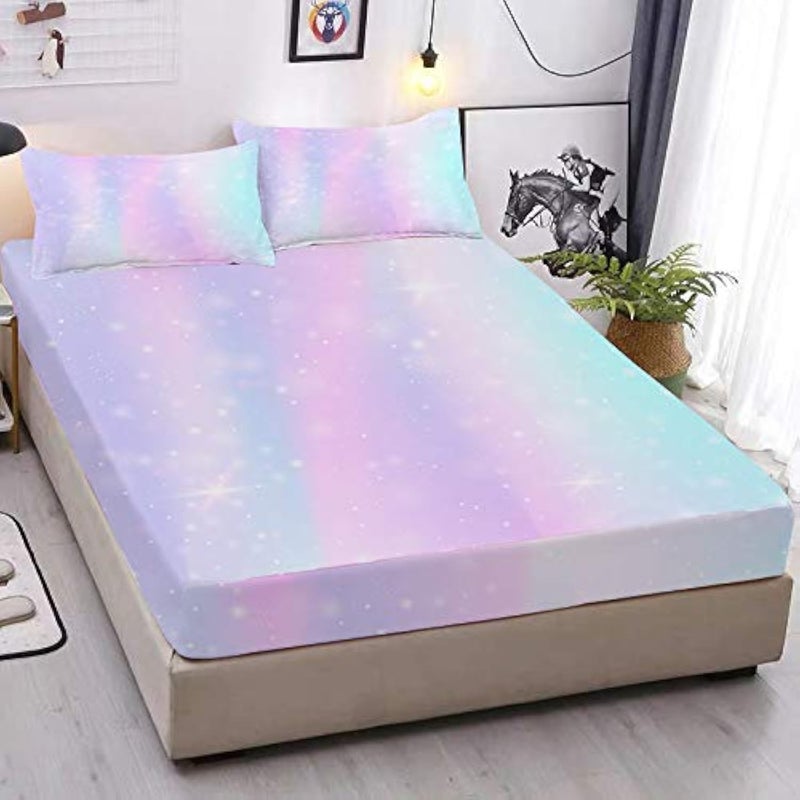 MUSOLEI MUSOLEI Colorful Girls Fitted Sheet Set Rainbow Sheets 3D Rainbow Twin Bedding Set Girl Bed Sheets 2PCS Boho 1 Fitted Sheet with 2 Pillowcases Wrinkle Free Cozy Microfiber for GirlsFull