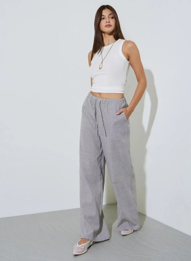 Styli Grey Striped Elastic Waist Wide Leg Pants with Pockets