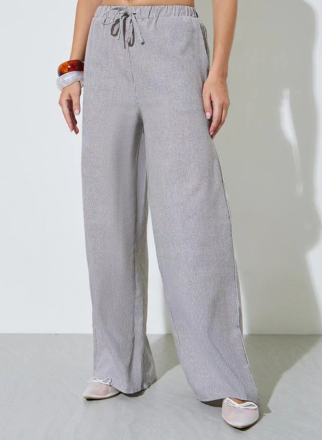 Styli Grey Striped Elastic Waist Wide Leg Pants with Pockets