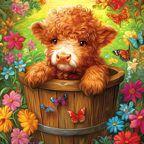 MINIWAN 500Piece Jigsaw Puzzle Cute Highland Cow with Butterfly Flower Design Unique Challenging Family Puzzle 20x20 Inches Ideal Gift for Adults Puzzle Enthusiasts - Image 1