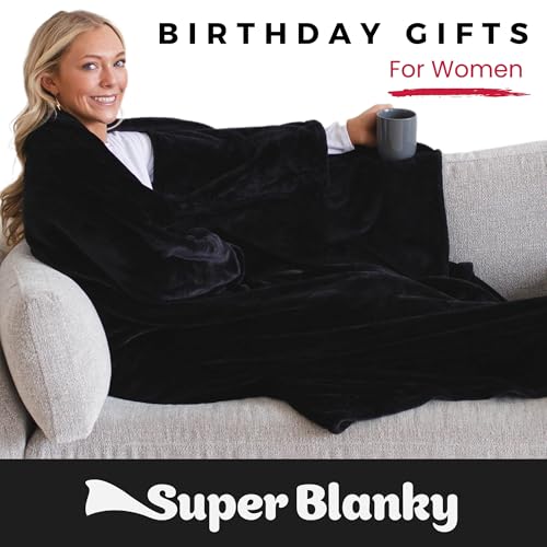 Super Blanky Wearable Blankets for Women, Adult Wearable Blanket Men, Christmas Gifts for Men, Comfy Girlfriend Birthday Gifts for Him, Husband Birthday Gift Ideas, Blanket With Sleeves - Dark Black - Image 2