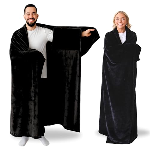 Super Blanky Wearable Blankets for Women, Adult Wearable Blanket Men, Christmas Gifts for Men, Comfy Girlfriend Birthday Gifts for Him, Husband Birthday Gift Ideas, Blanket With Sleeves - Dark Black - Image 1