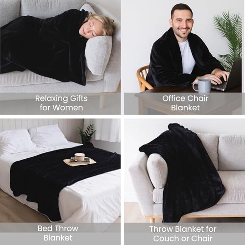 Super Blanky Wearable Blankets for Women, Adult Wearable Blanket Men, Christmas Gifts for Men, Comfy Girlfriend Birthday Gifts for Him, Husband Birthday Gift Ideas, Blanket With Sleeves - Dark Black - Image 5