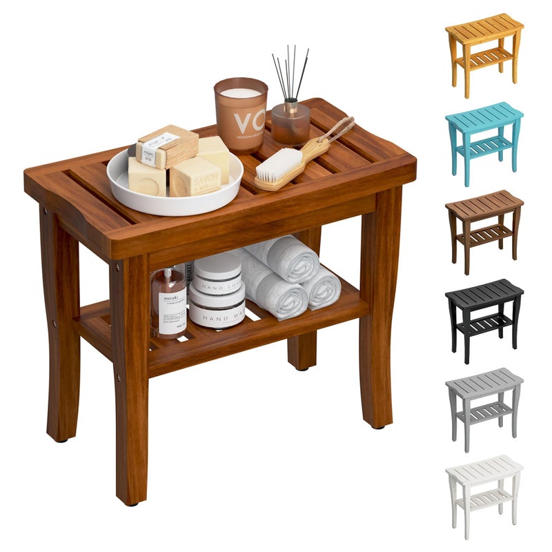 oridom Teak Shower Bench Stool with Storage Shelf, Waterproof Shower Chair Spa Bath Seat, Shower Stool for Inside Shower, Bathroom Bench Seat for Adults Elderly Seniors for Indoor or Outdoor Use - Image 1