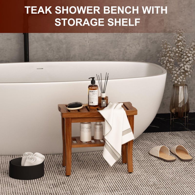 oridom Teak Shower Bench Stool with Storage Shelf, Waterproof Shower Chair Spa Bath Seat, Shower Stool for Inside Shower, Bathroom Bench Seat for Adults Elderly Seniors for Indoor or Outdoor Use - Image 2