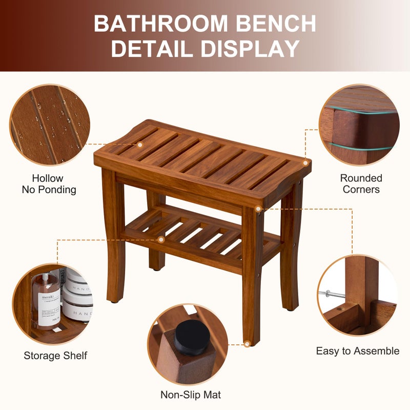 oridom Teak Shower Bench Stool with Storage Shelf, Waterproof Shower Chair Spa Bath Seat, Shower Stool for Inside Shower, Bathroom Bench Seat for Adults Elderly Seniors for Indoor or Outdoor Use - Image 4
