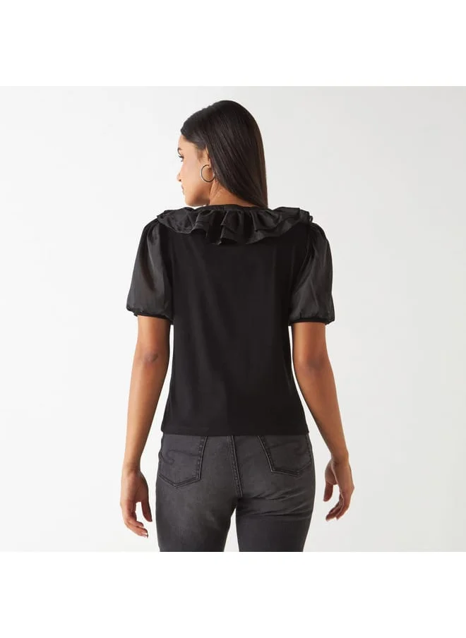 2Xtremz 2Xtremz Embellished Trim Top with Ruffle Detail and Puff Sleeves