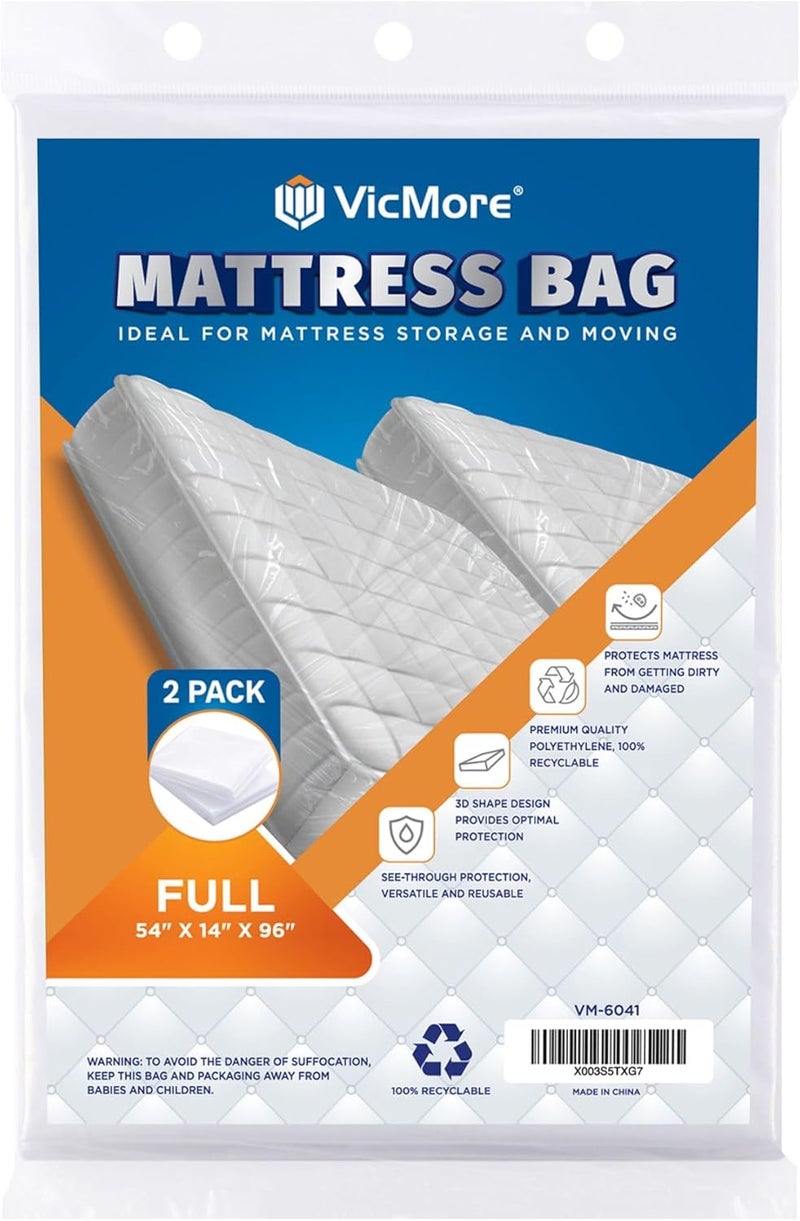 VICMORE 2 Pack Full Mattress Bags for Moving, Storage & Disposal – Clear Heavy-Duty Plastic Covers, Tear-Resistant & Dustproof, Recyclable (Fits Full/Double Beds) - Image 1