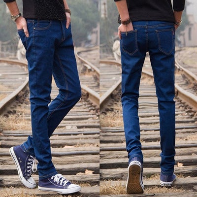 Spring and Summer 2019 Thin Elastic Mens Jeans Mens Casual Black Pants Students Korean-style Trendy Black Leggings Slim-fit dark blue 