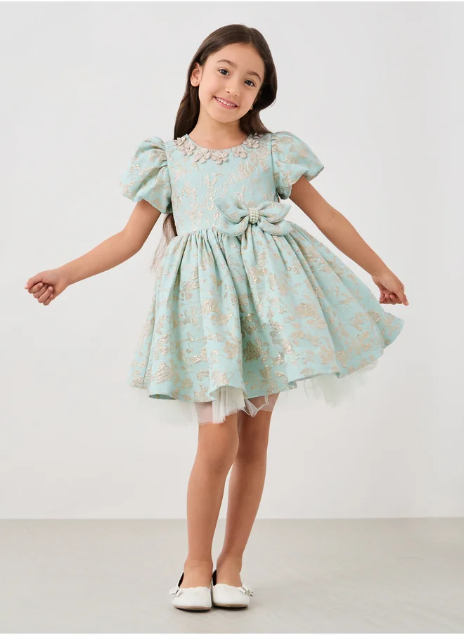 Styli Jacquard Puff Sleeve Round Neck Pleated Dress