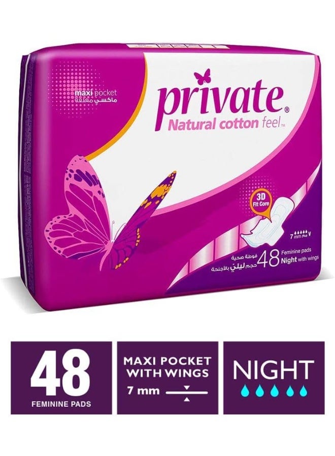 Private Maxi Pocket Night Sanitary Pads for Women, Natural Cotton Feel, Extra Heavy Absorbency, Disposable Menstrual Pads, 48 Pads x 2 Packs, Total 96 Pads - Image 2