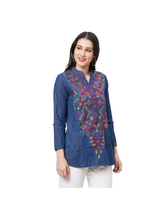 #بي Denim tunic with multi coloured thread emb.