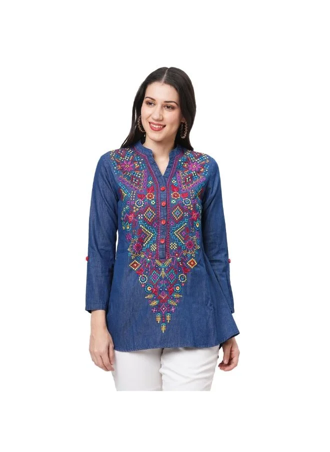 #بي Denim tunic with multi coloured thread emb.