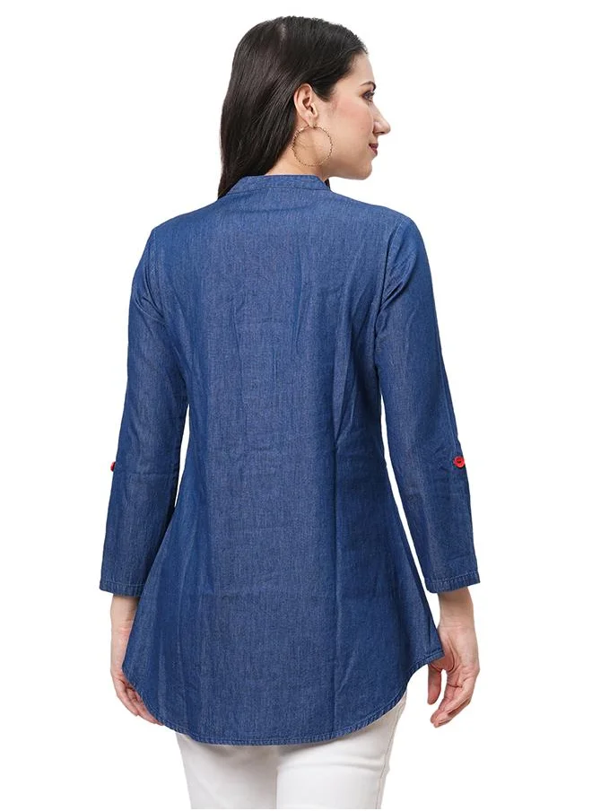 #بي Denim tunic with multi coloured thread emb.