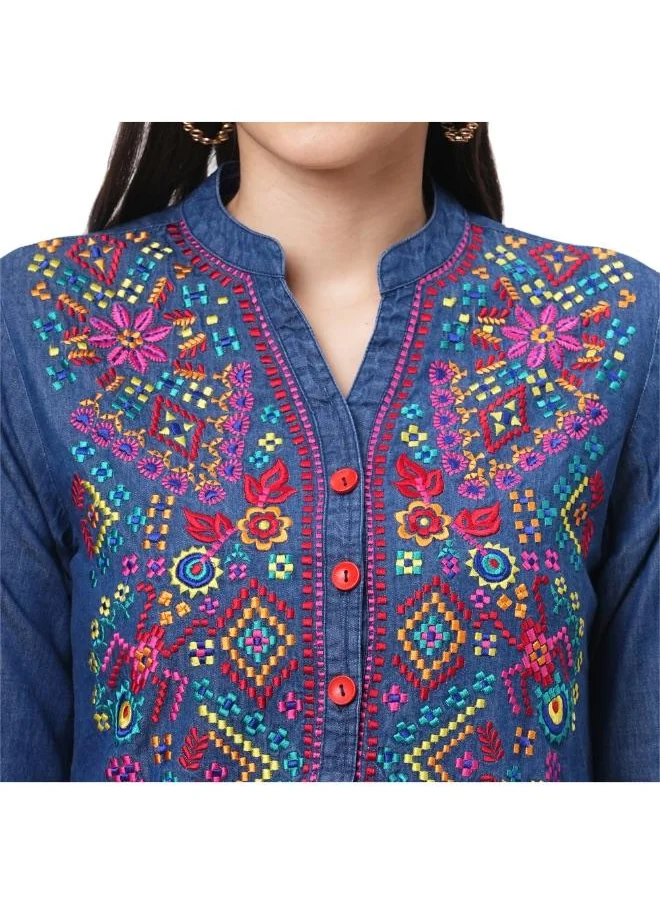 #بي Denim tunic with multi coloured thread emb.