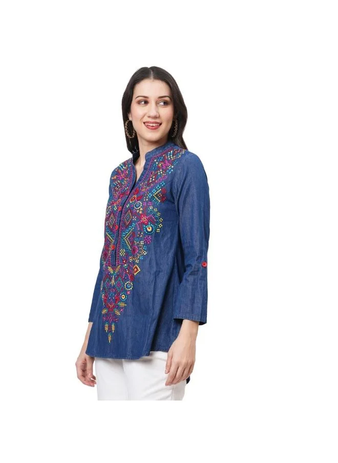 #بي Denim tunic with multi coloured thread emb.