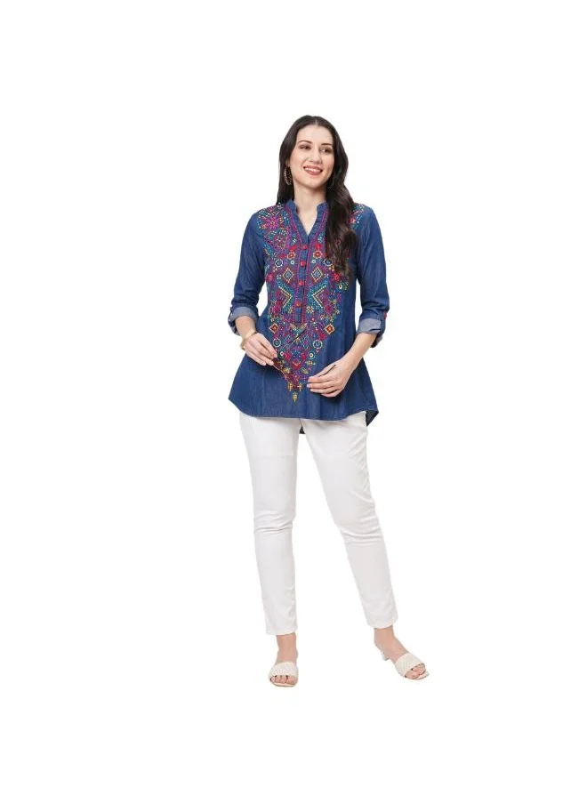 #بي Denim tunic with multi coloured thread emb.