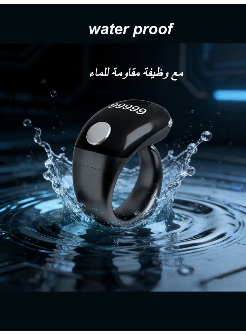 خاتم ذكي للتسبيح والذكر، خاتم صلاة، خاتم عدّاد أصابع قابل للتعديل (18/20/22 مم)، خاتم منبه رقمي للأذان، عداد إلكتروني ذكي مع شاشة عرض وشحن من النوع C، أسود - Image 2