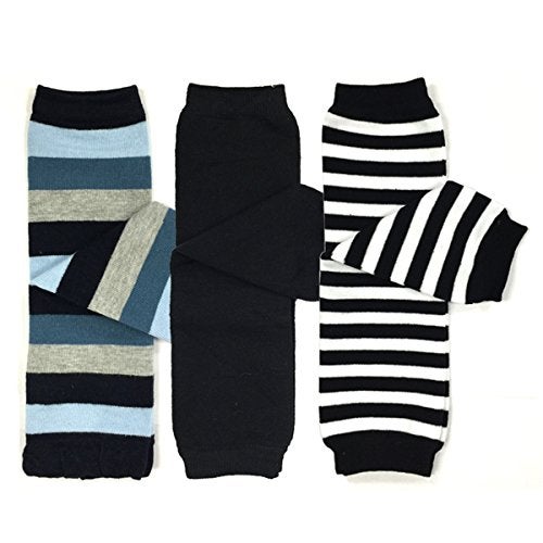 Bowbear 3 Pair Baby and Toddler Leg Warmers, Blue and Black Stripes - Image 1