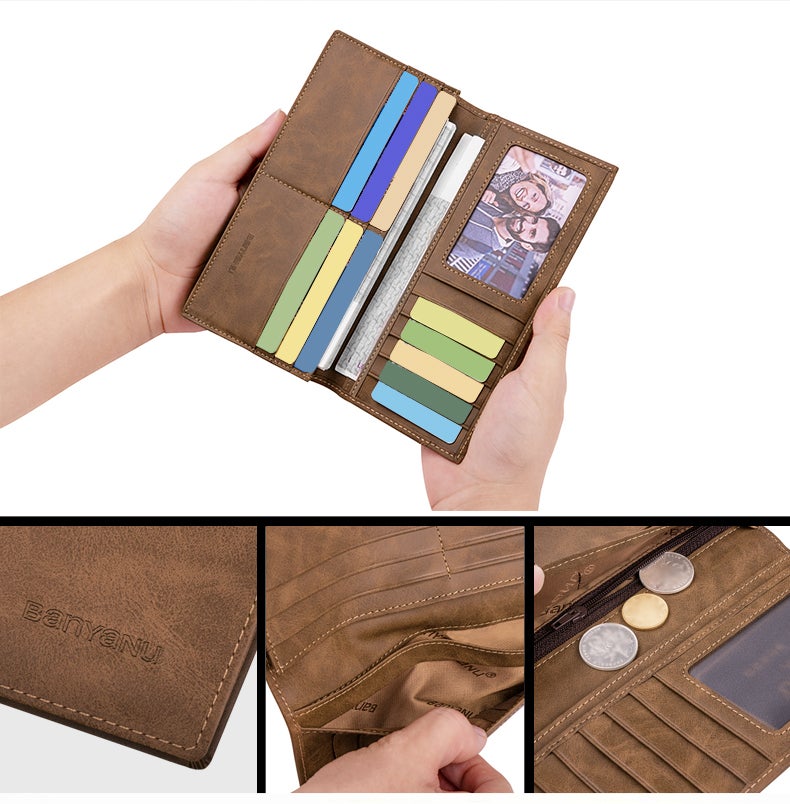 banyanu Men's Long Genuine Leather Multi-Card Slot Ultra-Thin Soft Leather Wallet/Card Holder (Coffee, Anti-Theft) - Image 2