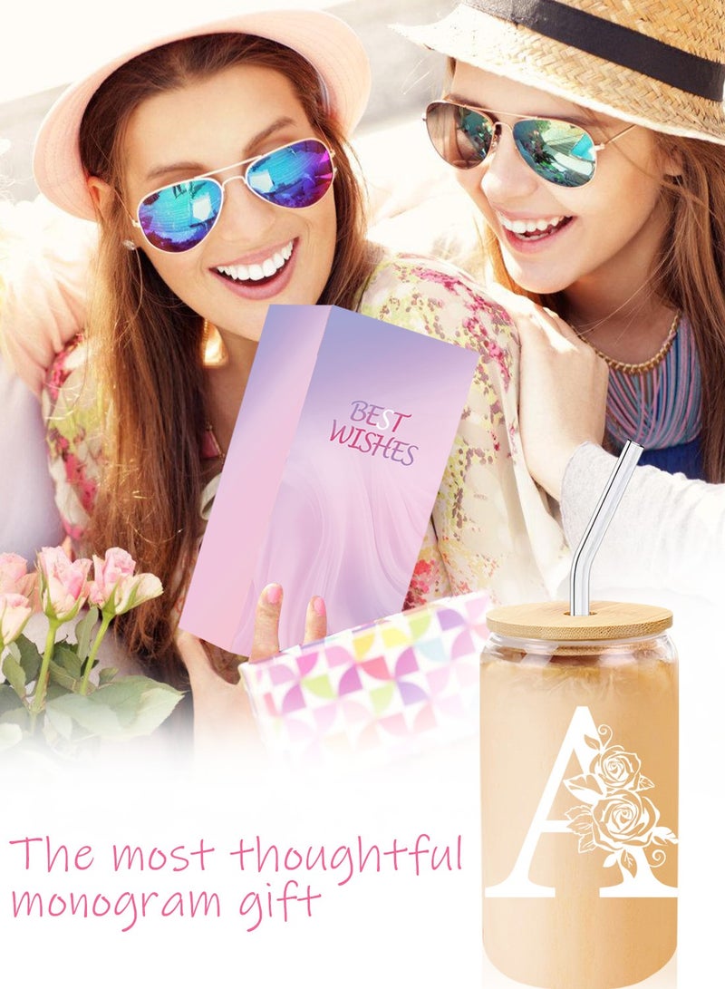DAMCONME Birthday Gifts for Ladies, Monogrammed Initial Glass Cup Personalized Gifts for Women, 16oz Glass Cups with Lids and Straws, Iced Coffee Cup - Gifts for Birthday,A - Image 4