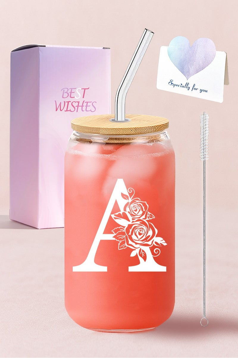 DAMCONME Birthday Gifts for Ladies, Monogrammed Initial Glass Cup Personalized Gifts for Women, 16oz Glass Cups with Lids and Straws, Iced Coffee Cup - Gifts for Birthday,A - Image 1