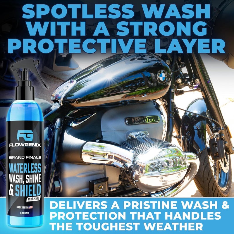 Flowgenix ™ Waterless Car Wash Spray - Grand Finale - Motorcycle Cleaner & Car Wax Spray Polish (8 oz) - Ceramic Coating - Incl. 2 Microfiber Towels - Quick Detailer Spray (2-Pack) - Image 2