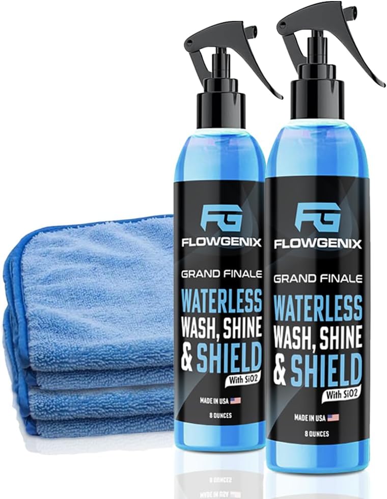 Flowgenix ™ Waterless Car Wash Spray - Grand Finale - Motorcycle Cleaner & Car Wax Spray Polish (8 oz) - Ceramic Coating - Incl. 2 Microfiber Towels - Quick Detailer Spray (2-Pack) - Image 1