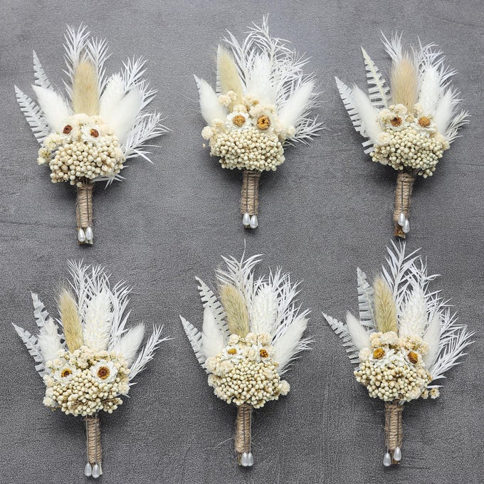 DRIED FLOWER BOUTONNIERE 6PIECE SET BEST MAN BOHEMIAN STYLE RUSTIC VINTAGE WEDDING PARTY PROM CORSAGE WHITE