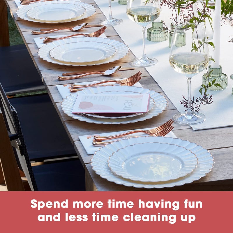 By Madee HEAVYWEIGHT 100 Pc Fancy Disposable Plates Set | Ivory Scalloped Premium Disposable Plates with Rose Gold Trim | 50 Dinner & 50 Dessert Easter Plates - Image 4
