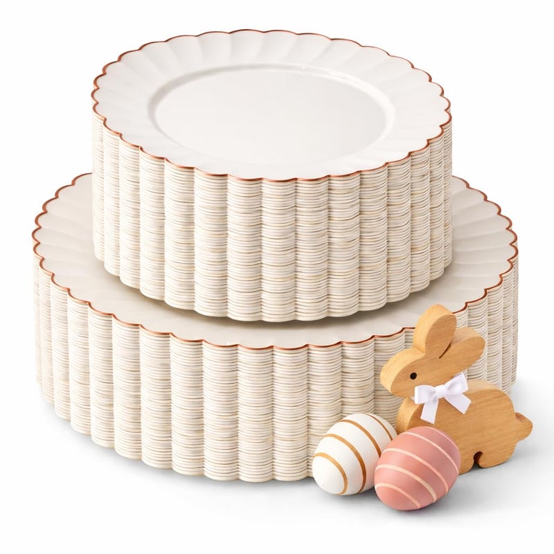 By Madee HEAVYWEIGHT 100 Pc Fancy Disposable Plates Set | Ivory Scalloped Premium Disposable Plates with Rose Gold Trim | 50 Dinner & 50 Dessert Easter Plates - Image 1