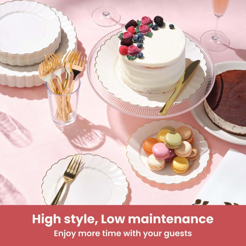 By Madee HEAVYWEIGHT 100 Pc Fancy Disposable Plates Set | Ivory Scalloped Premium Disposable Plates with Rose Gold Trim | 50 Dinner & 50 Dessert Easter Plates - Image 5