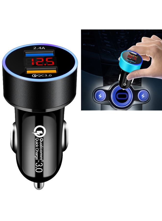 HuHa 2 PCS Aluminum Ring Display Car Charger  QC3.0+2.4A Aluminum Alloy Multi-function Halo Digital Display Car Charger(Elegant Black)  - Image 1