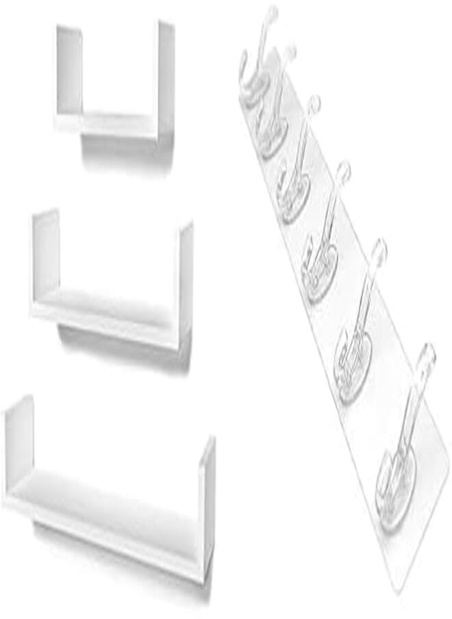 OR STOREMIC U-Shaped Floating Mounted Shelves for Wall 50cm, 35cm, 25cm, Easy to Install White, Pack of 3 + 6 Hook Flexible Silicone Stick Hanger 40cm by 8cm 