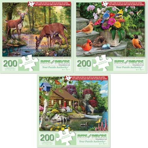 Bits and Pieces Value Set of Three 3 200 Piece Jigsaw Puzzles for Seniors Lettered Large Piece 200 pc Nature Jigsaws Bundle 15 x 19 Each - Image 1